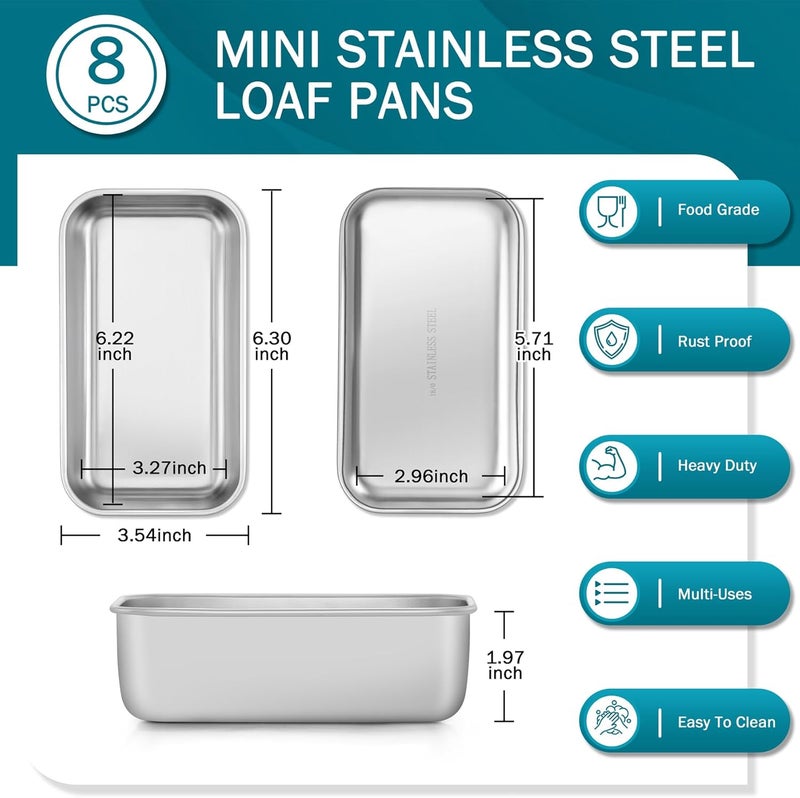 TeamFar Mini Loaf Pan, 8 PCS Stainless Steel Loaf Pans for Baking Bread, 6.3 x 3.5 Inch Bread Baking Pan for Homemade Bread, Meatloaf, Cake and Brownies, Non-Toxic, Oven & Dishwasher Safe - Image 2
